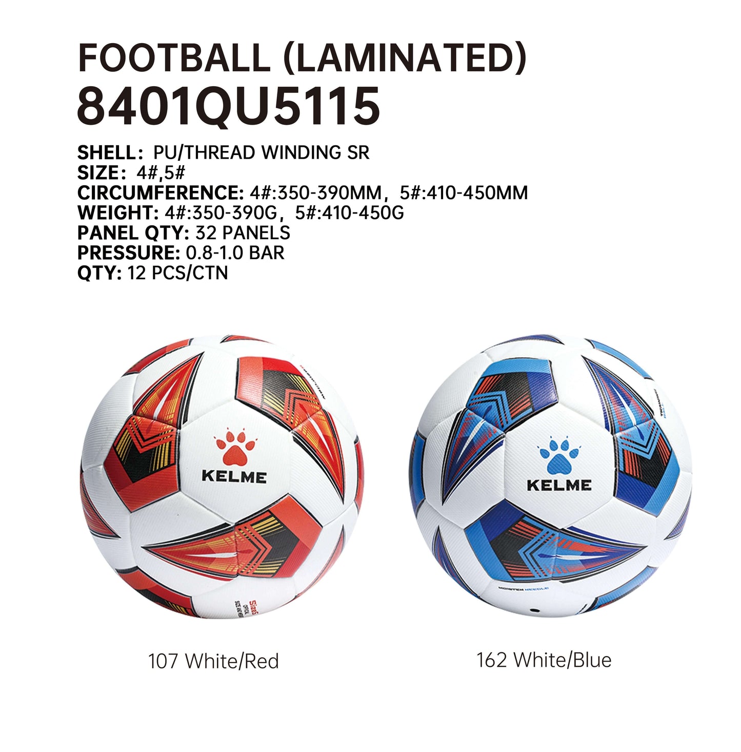 KELME Soccer Ball 32 Panels Laminated Stitched - Size 4 and 5 - 8401QU5115