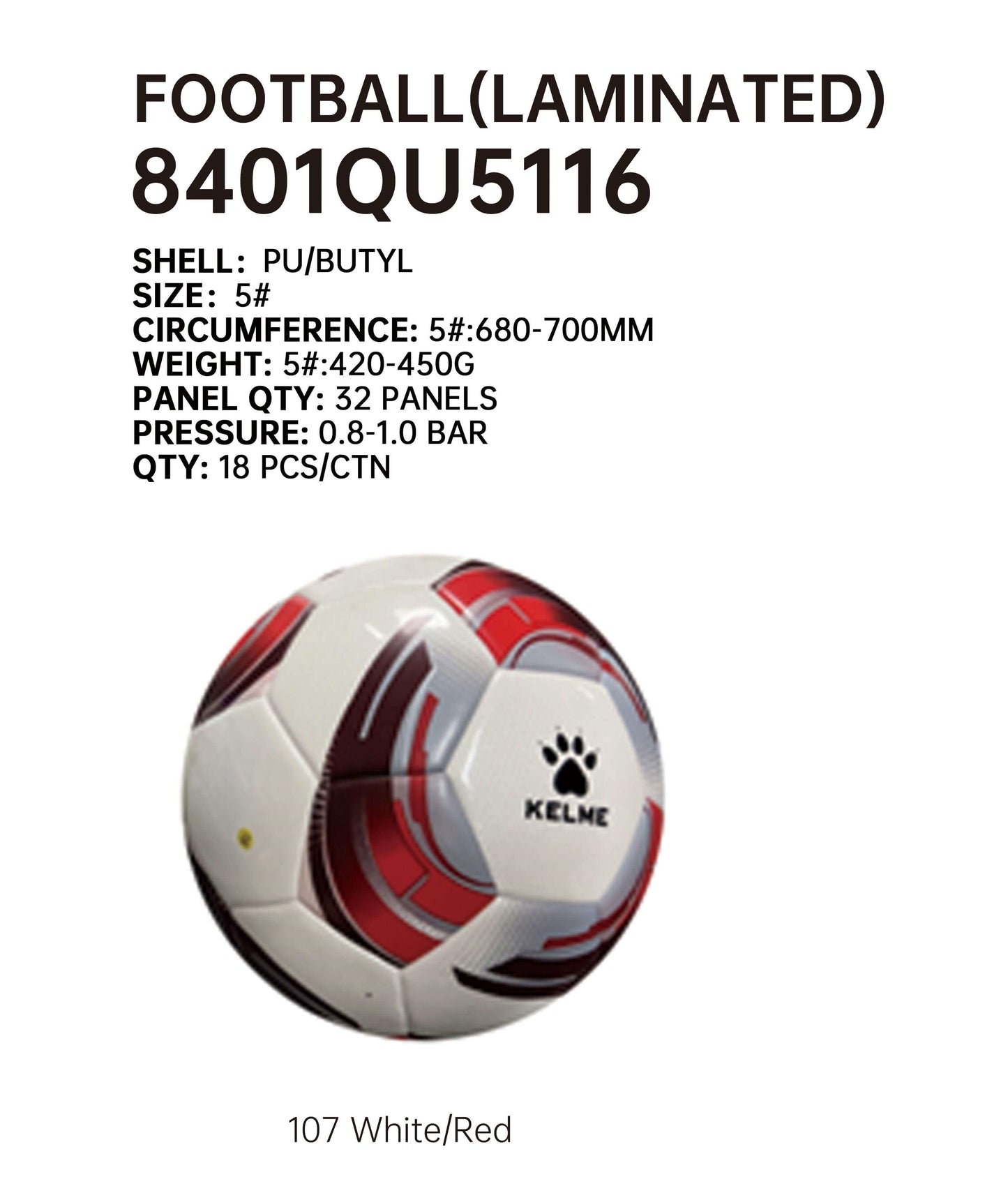 KELME Soccer Ball 32 Panels Laminated - Size 5 - 8401QU5116