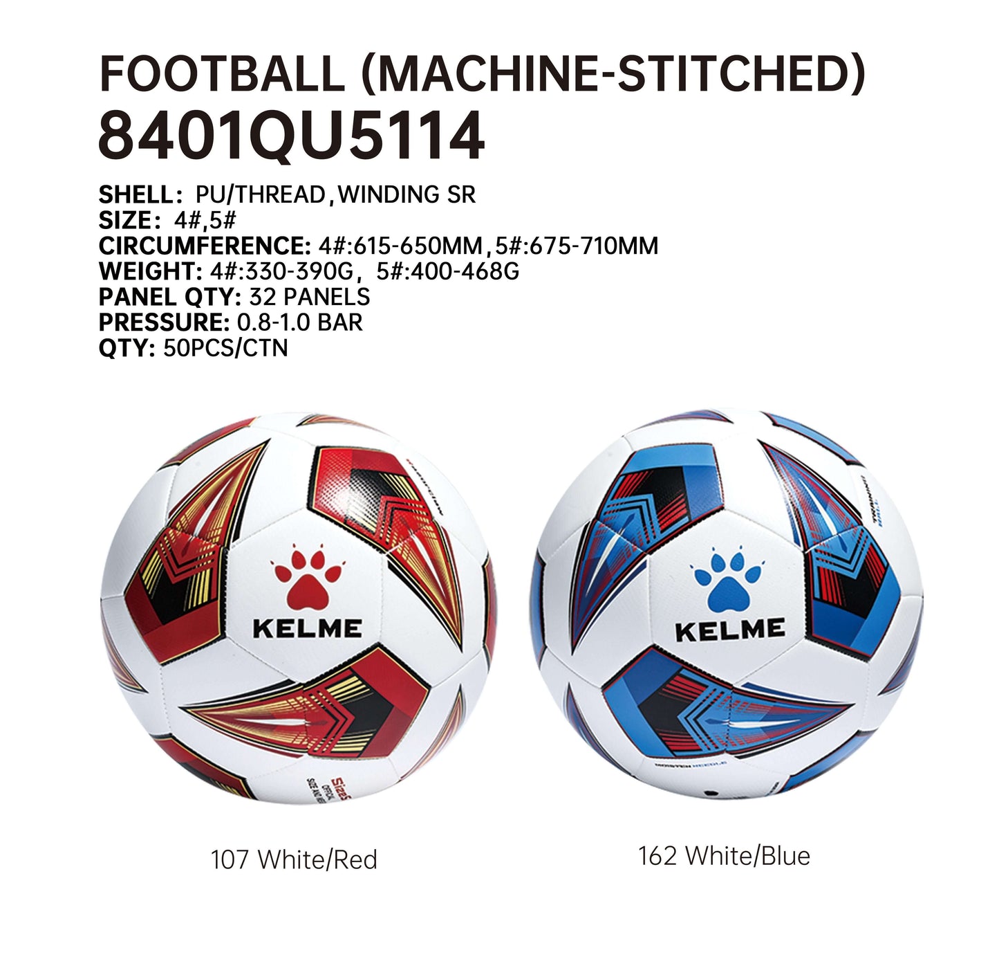 KELME Soccer Ball 32 Panels Machine Stitched - Size 4 and 5 - 8401QU5114