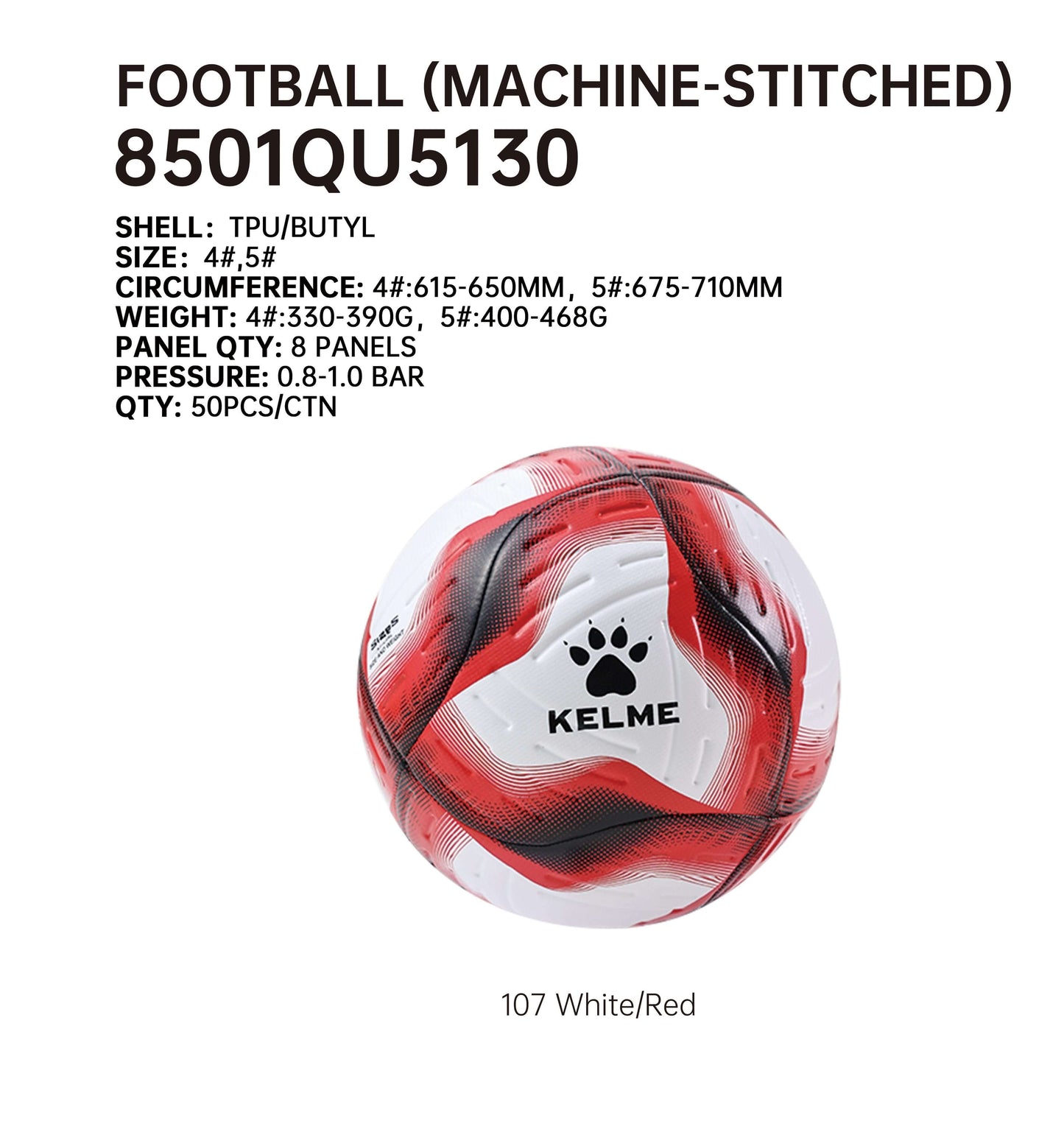 KELME Soccer Ball 8 Panels Machine Stitched - Size 4 and 5 - 8501QU5130